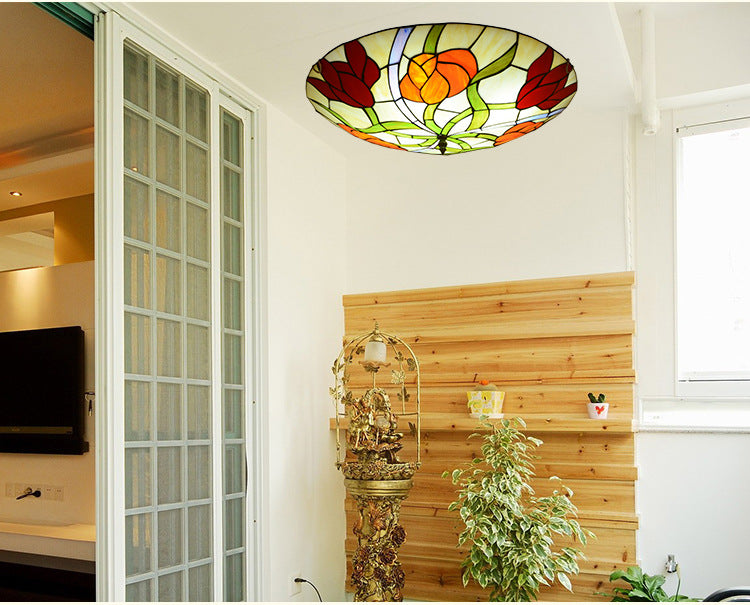 Flower Flush Mount Light Fixtures Multicolored Stained Glass Tiffany-Style Ceiling Lights Flush Mount
