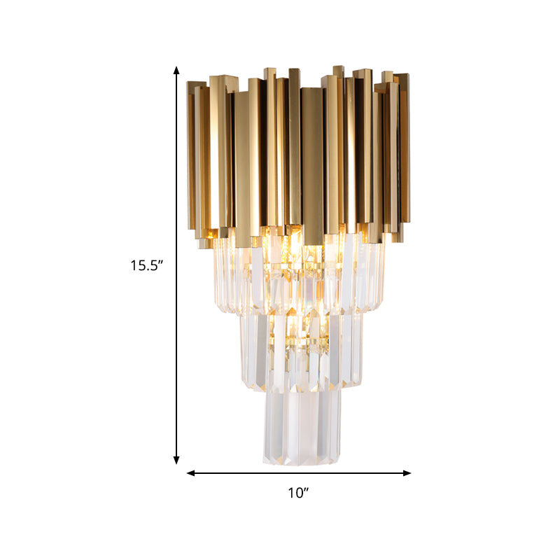 Contemporary Multi Layer Wall Lamp Metal and Crystal Prisms 2/3 Bulbs Wall Mounted Light in Brass