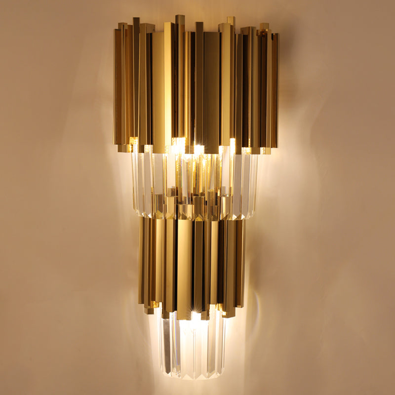 Contemporary Multi Layer Wall Lamp Metal and Crystal Prisms 2/3 Bulbs Wall Mounted Light in Brass