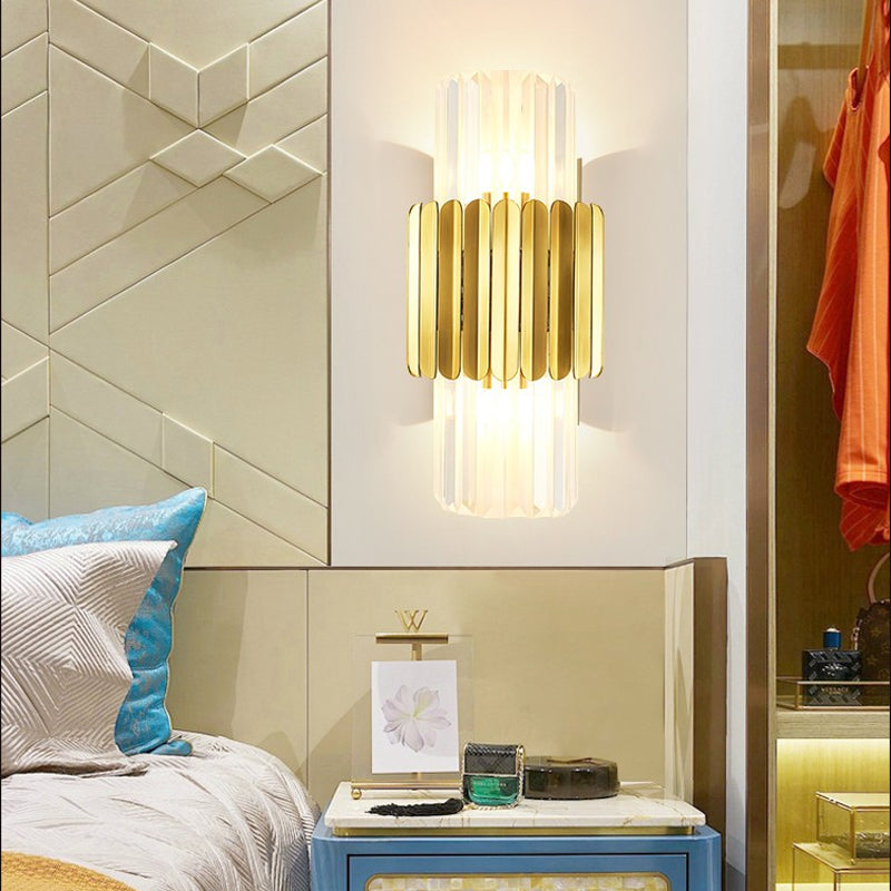 Modern Cylinder Wall Mount Lamp Clear Crystal 2 Heads Bedroom Wall Lighting Fixture in Gold