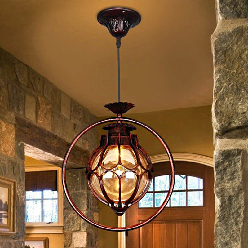Industrial Global/Ring Hanging Light Cognac Glass Shade Kitchen Pendant Lighting in Copper with 23.5" Adjustable Chain