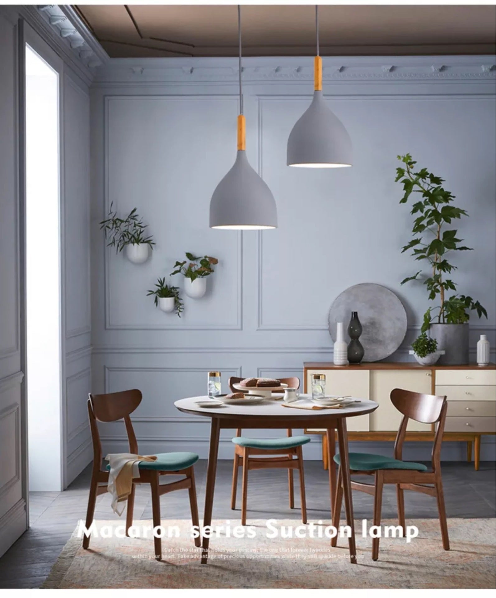 Metall Teardrop hängende leichte nordische Stil 1 Leichte Restaurant Deckenheize Anhängerlampe mit Holzoberteil