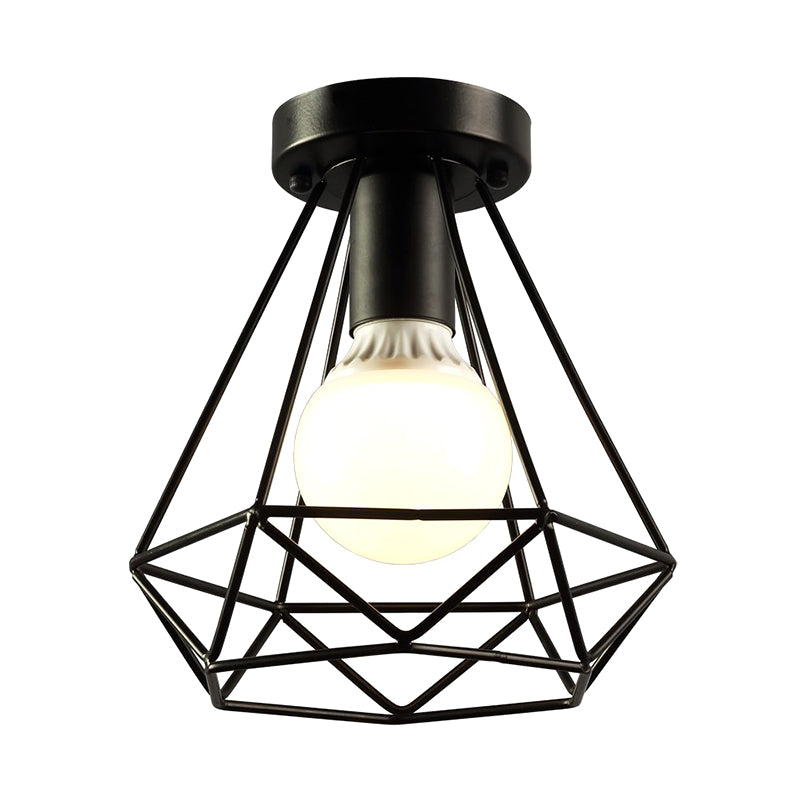 Cage Diamond Semi Flush Light Fixtures Retro Industrial Style Metal Ceiling Mount Light Fixture for Restaurant