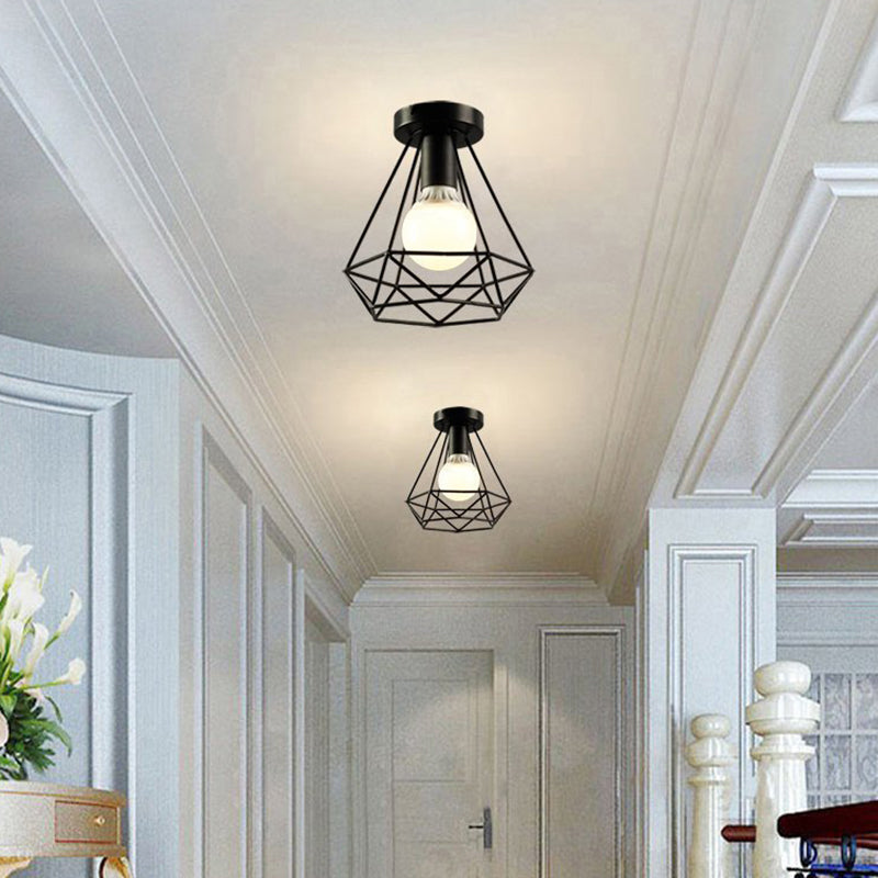 Cage Diamond Semi Flush Light Fixtures Retro Industrial Style Metal Ceiling Mount Light Fixture for Restaurant