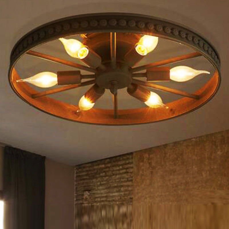 Wiel Semi Flush Kroonluchter Retro Industriële Stijl 6 Lampen Metalen Plafond Gemonteerd Profiel voor Woonkamer