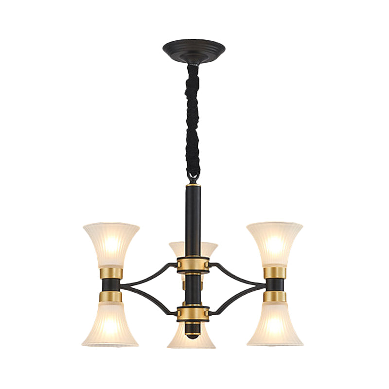 White Ribbed Glass Flared Suspension Pendant 6/12/16 Lights Modern Black and Gold Ceiling Chandelier
