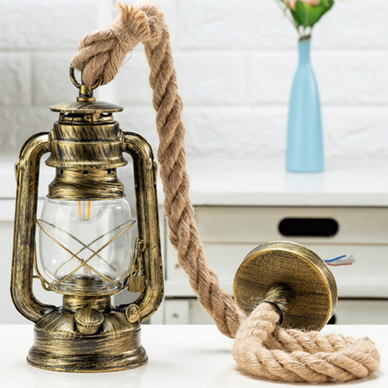 Transparent Glass Kerosene Lantern Ceiling Lamp Nautical 1 Head Bedside Pendant with Hemp Rope