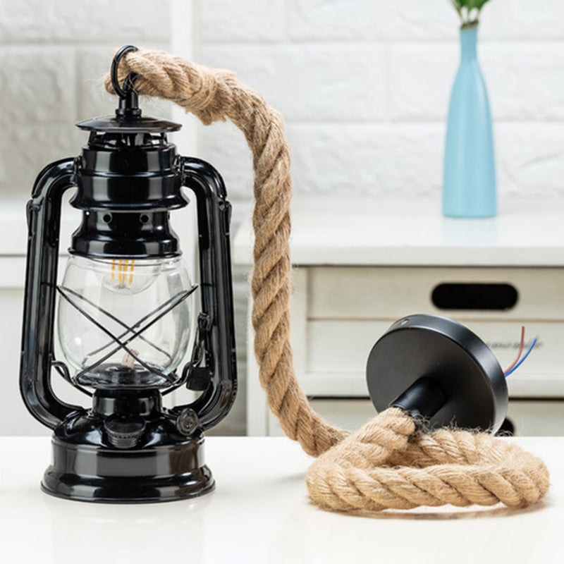 Transparent Glass Kerosene Lantern Ceiling Lamp Nautical 1 Head Bedside Pendant with Hemp Rope
