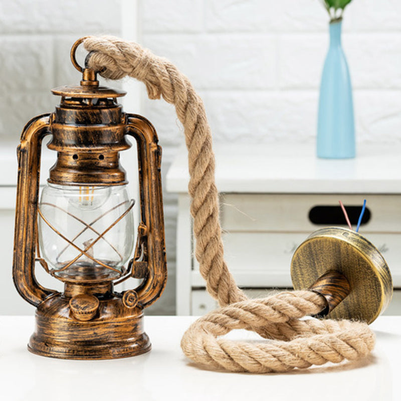 Transparent Glass Kerosene Lantern Ceiling Lamp Nautical 1 Head Bedside Pendant with Hemp Rope