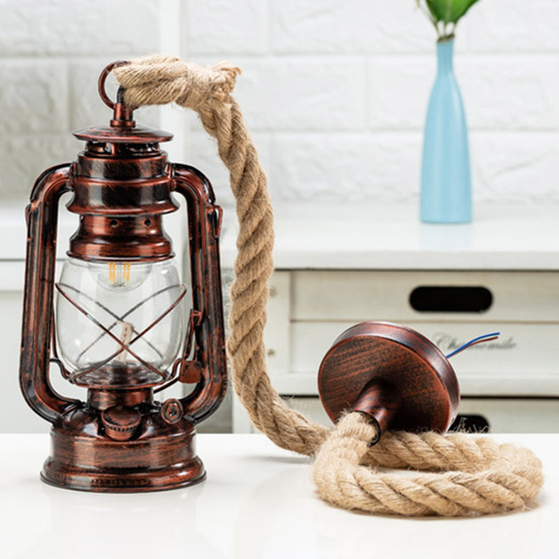 Transparent Glass Kerosene Lantern Ceiling Lamp Nautical 1 Head Bedside Pendant with Hemp Rope