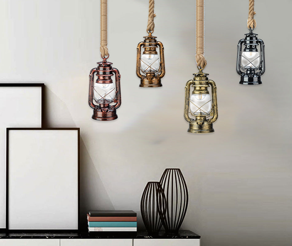 Lámpara de techo de linterna de vidrio transparente náutico 1 cabezal colgante con cuerda de cáñamo