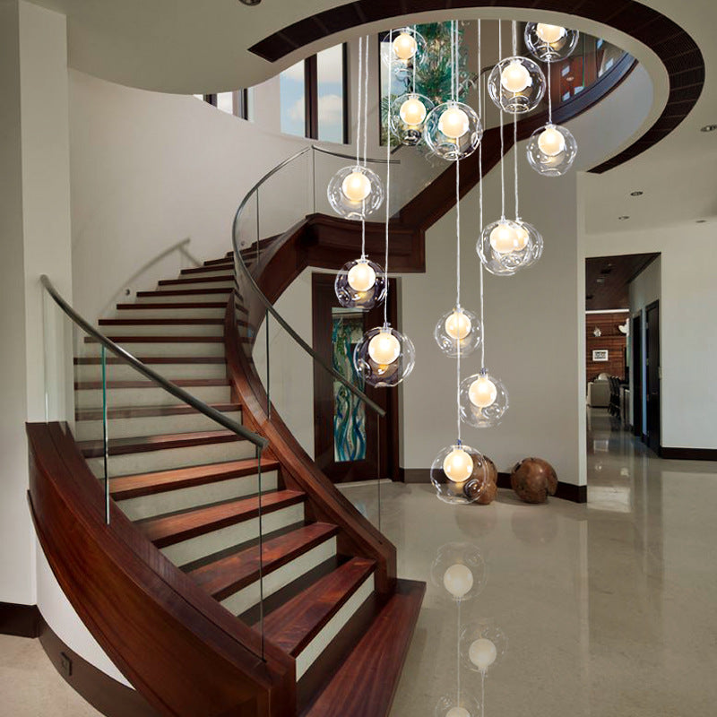 Minimalist Bubbles Multi Pendant Light Fixture Frosted White-Clear Glass Spiral Stairs Suspension Light
