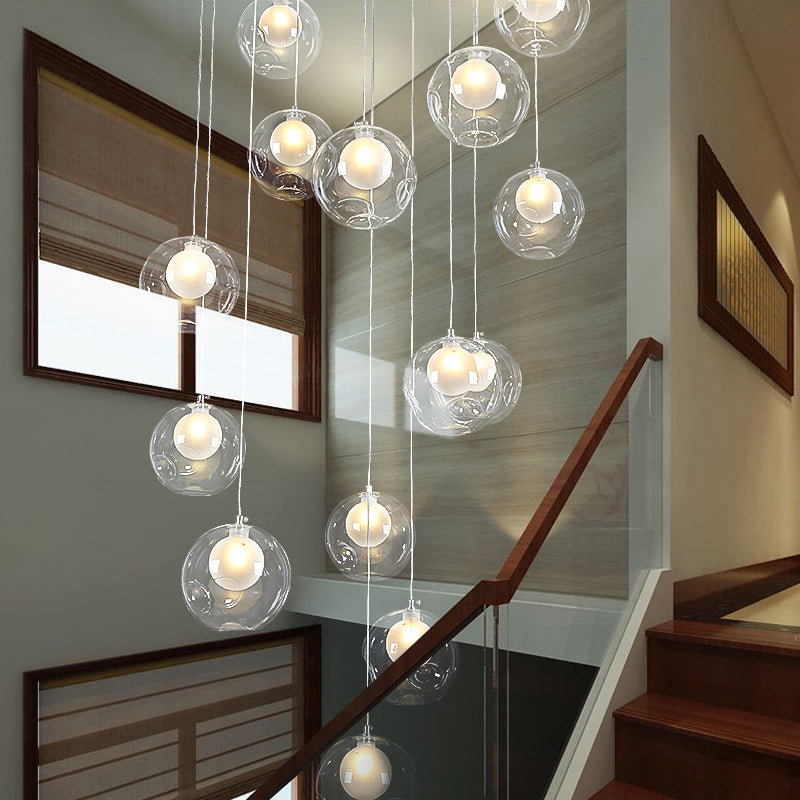 Minimalist Bubbles Multi Pendant Light Fixture Frosted White-Clear Glass Spiral Stairs Suspension Light