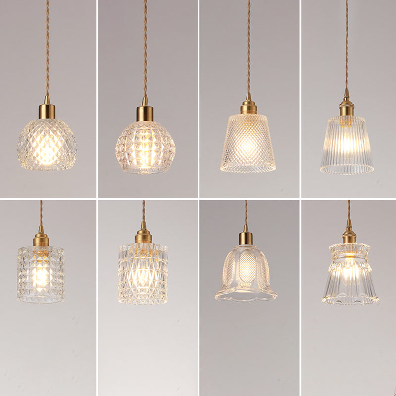 Modern Style Small Pendant Lamp Clear Glass Single-Bulb Bedside Pendulum Light in Brass