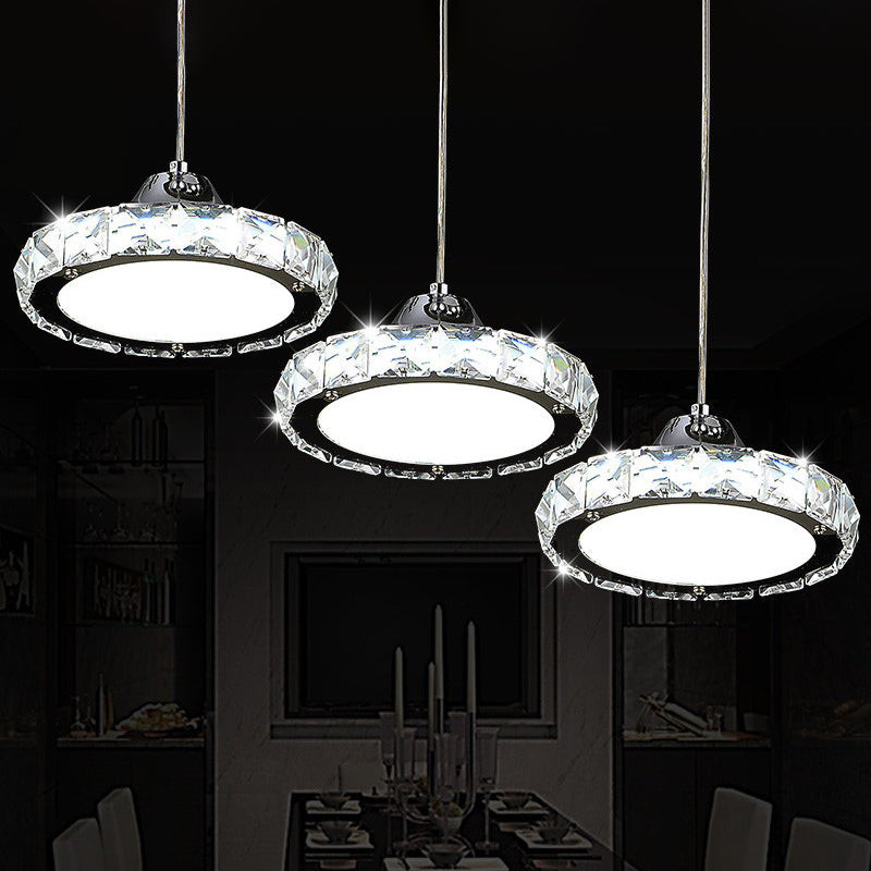 Chrome Finish Circular LED Pendant Modern Crystal Embedded Hanging Ceiling Light