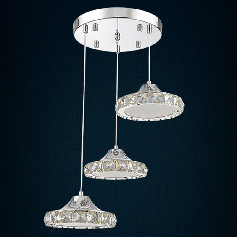 Chrome Finish Circular LED Pendant Modern Crystal Embedded Hanging Ceiling Light