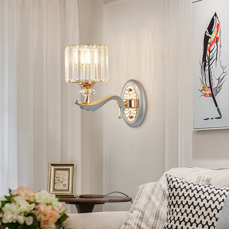1/2 Lights Cylinder Sconce Light with Clear Crystal Shade Modern Flush Mount Wall Sconce in Silver Finish