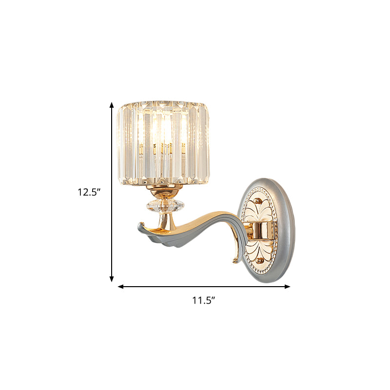1/2 Lights Cylinder Sconce Light with Clear Crystal Shade Modern Flush Mount Wall Sconce in Silver Finish
