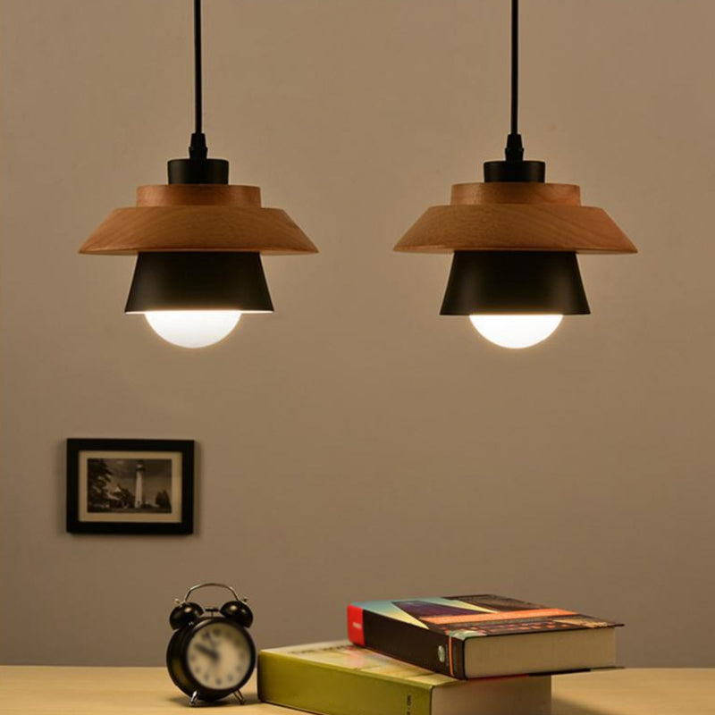 Saucer Cup Dining Room Hanging Lamp Metal and Wood 1 Bulb Nordic Pendant Light Fixture