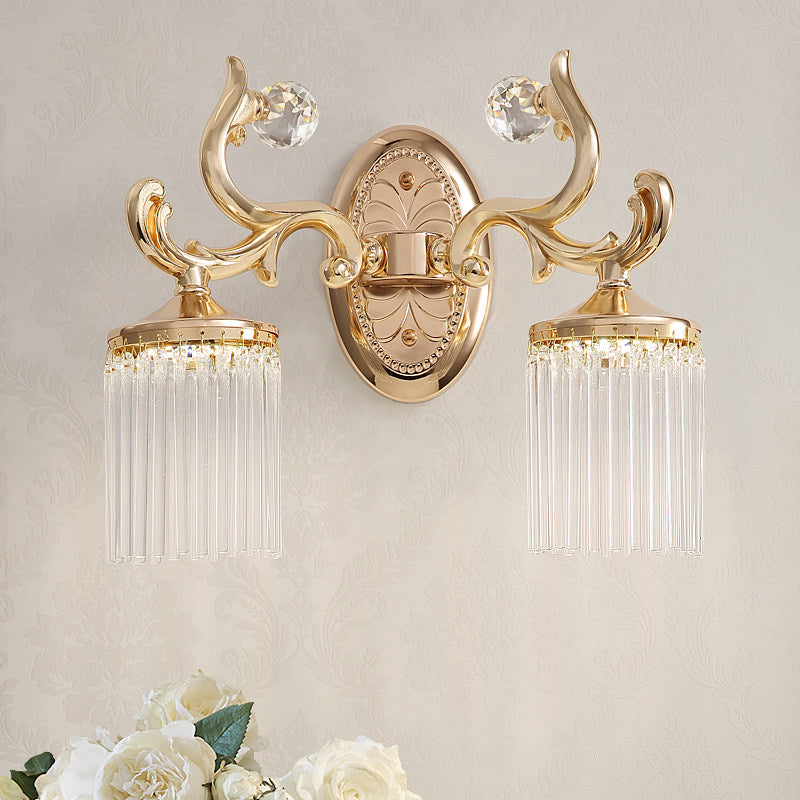 Clear Pipe Crystal Wall Lighting Vintage 1/2 Bulbs Wall Mounted Light Fixture with Curved Arm in Gold Finish