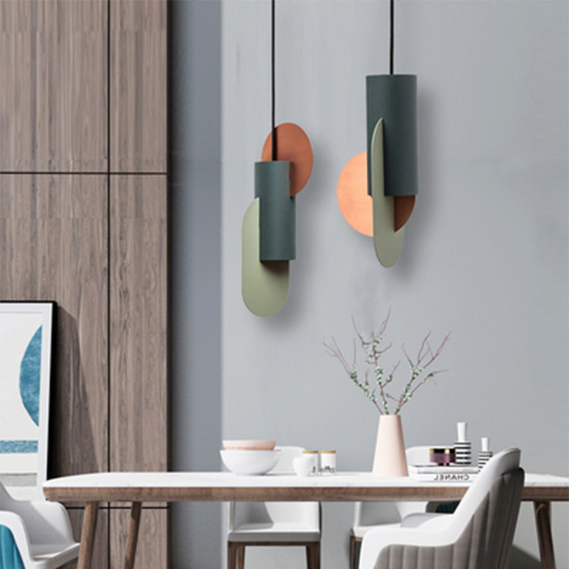 Geometric Colorblock Pendant Lighting Macaron Metal 1-Light Pink-Green-Grey Ceiling Light
