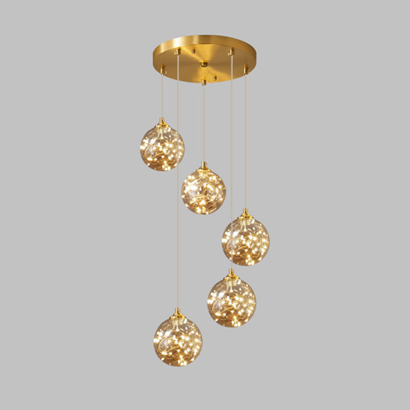 Lámpara de suspensión global de acabado de latón Nordic Amber Glass Led Starry Pends Lighting for Bedroom