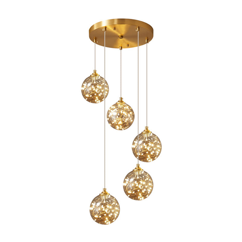 Lámpara de suspensión global de acabado de latón Nordic Amber Glass Led Starry Pends Lighting for Bedroom