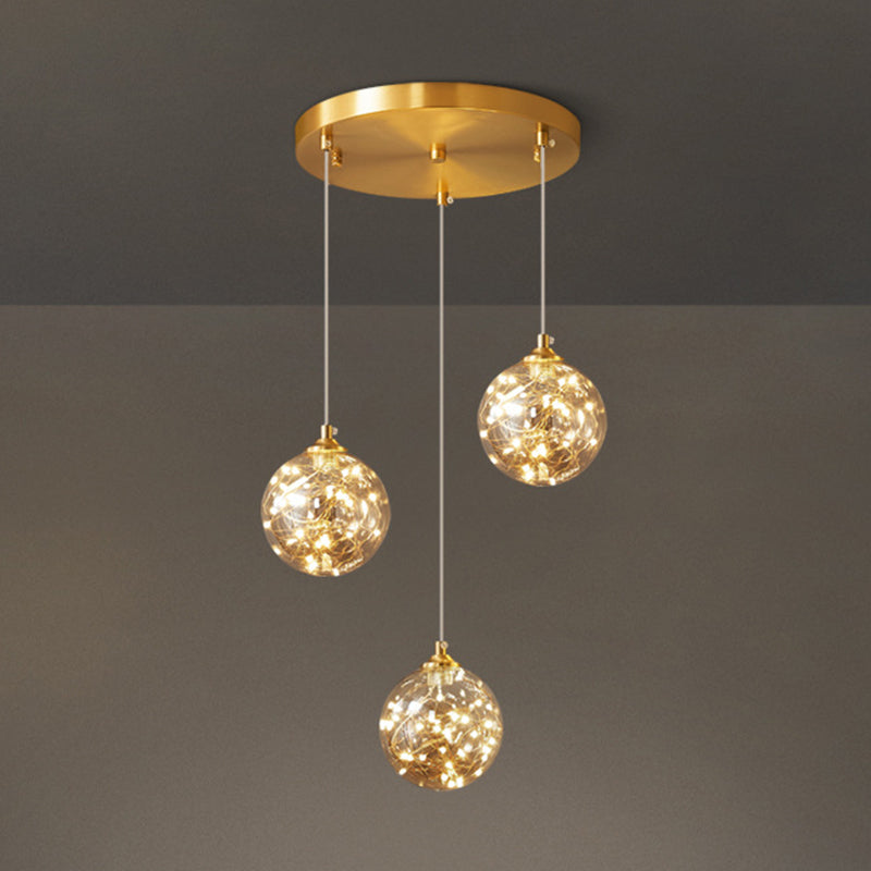 Lámpara de suspensión global de acabado de latón Nordic Amber Glass Led Starry Pends Lighting for Bedroom