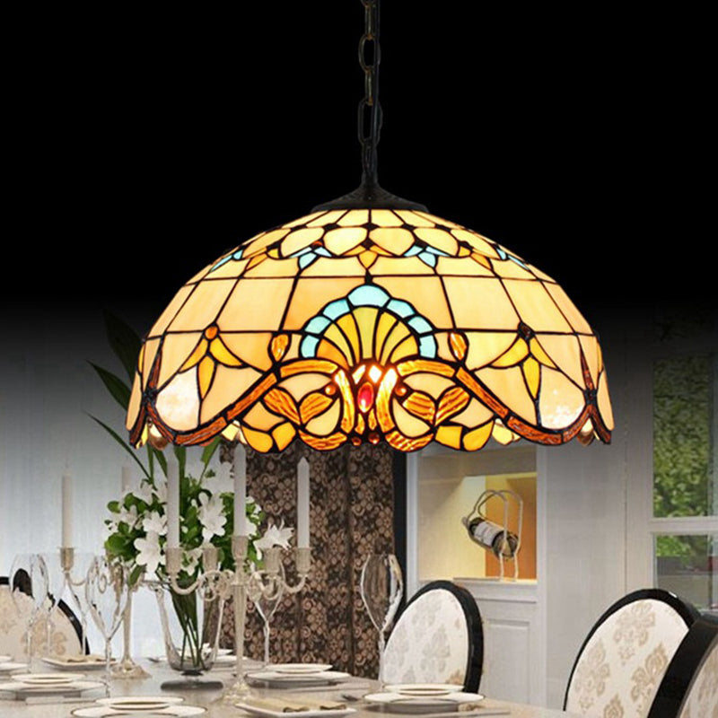 Stained Glass Dome Suspension Lighting Tiffany 1-Light Beige Pendant for Dining Room