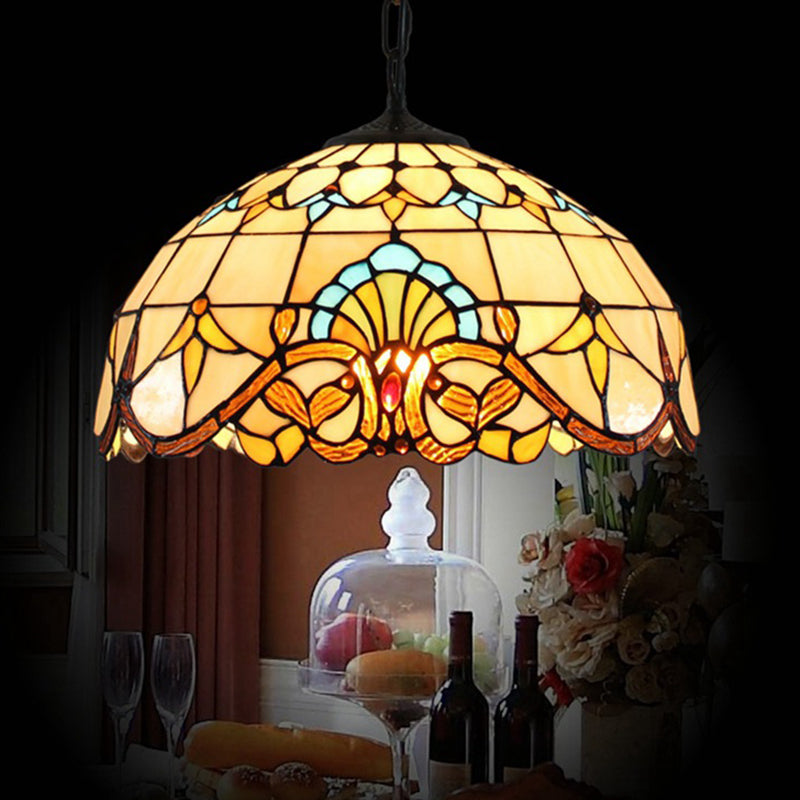 Stained Glass Dome Suspension Lighting Tiffany 1-Light Beige Pendant for Dining Room