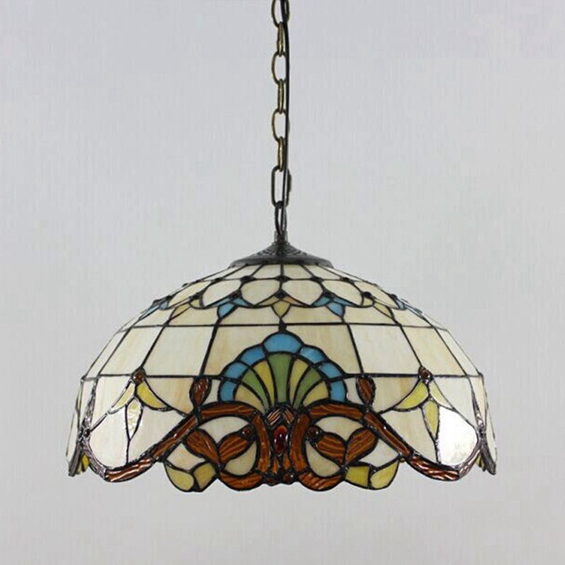 Stained Glass Dome Suspension Lighting Tiffany 1-Light Beige Pendant for Dining Room