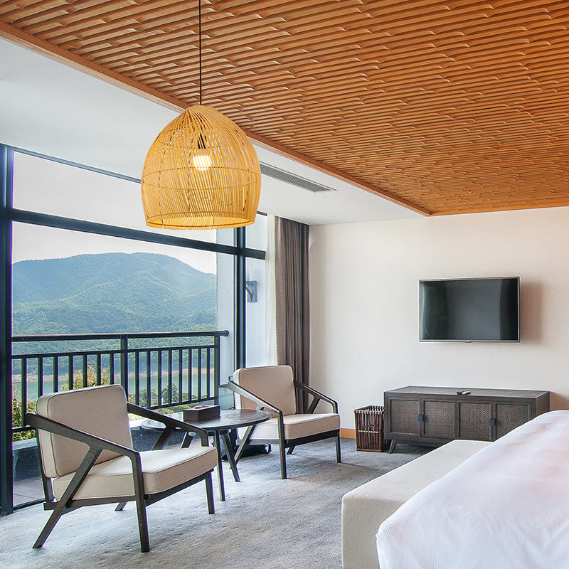 Runde Anhänger Beleuchtungsbehandlung Asian Style 1-Bulb Holzsuspension Licht für Balkon