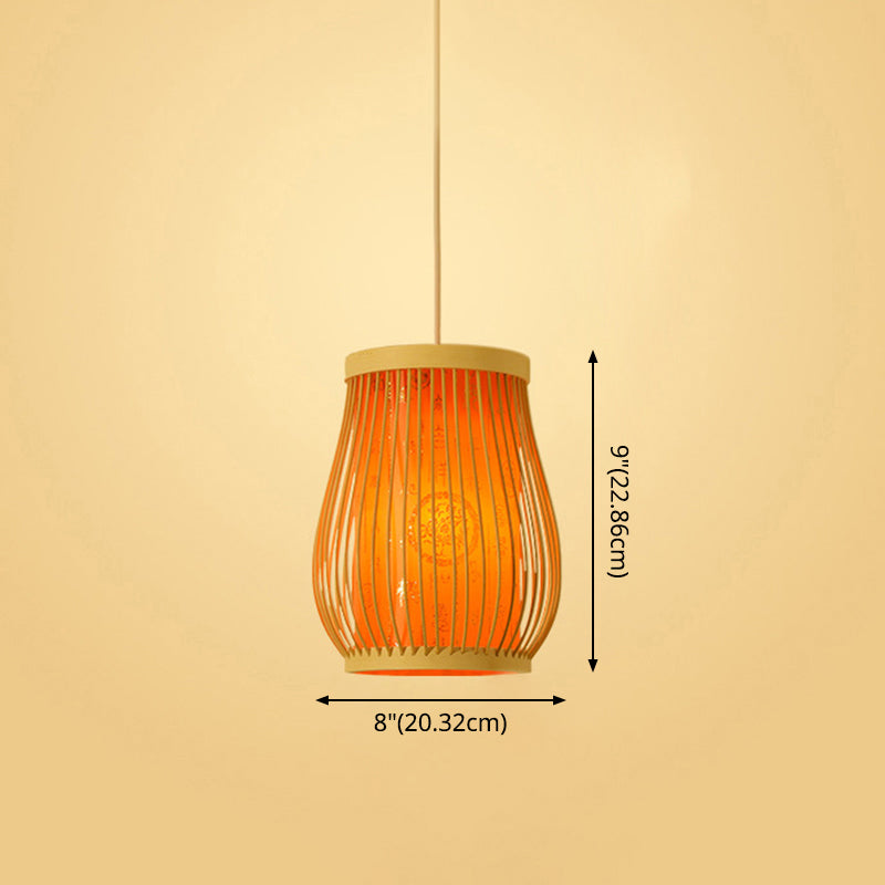 Chinoiserie gewebte Hängende Leuchten Bambus Single Tea Room Deckenleuchte mit Drucklampenkel