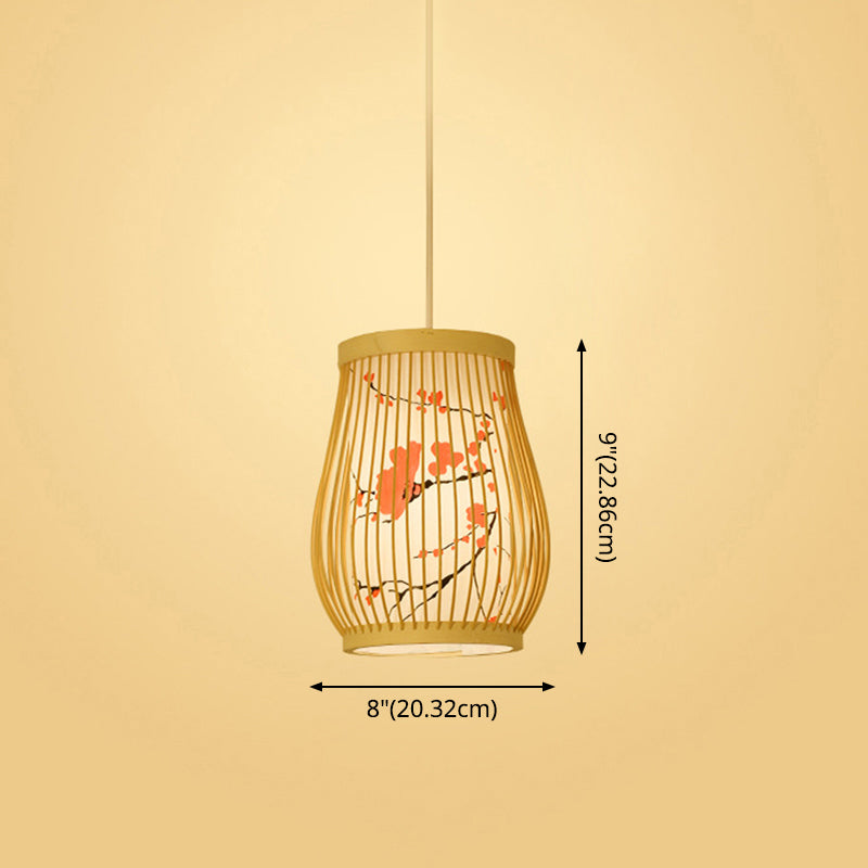 Chinoiserie gewebte Hängende Leuchten Bambus Single Tea Room Deckenleuchte mit Drucklampenkel
