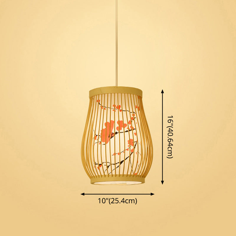 Chinoiserie gewebte Hängende Leuchten Bambus Single Tea Room Deckenleuchte mit Drucklampenkel