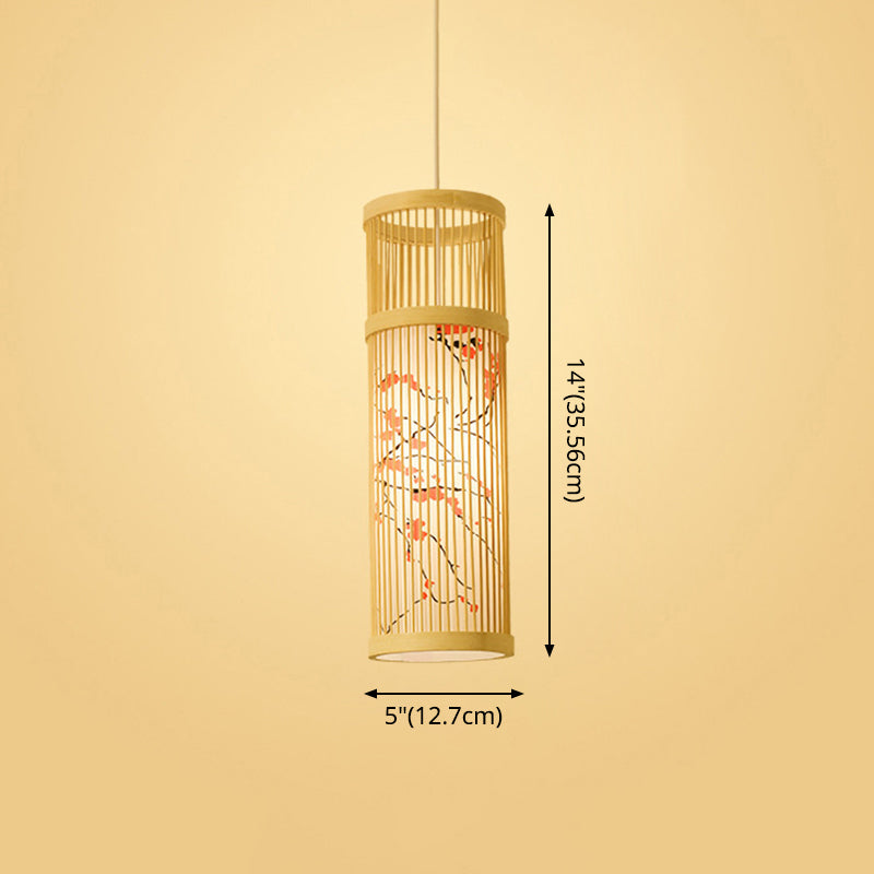 Chinoiserie gewebte Hängende Leuchten Bambus Single Tea Room Deckenleuchte mit Drucklampenkel