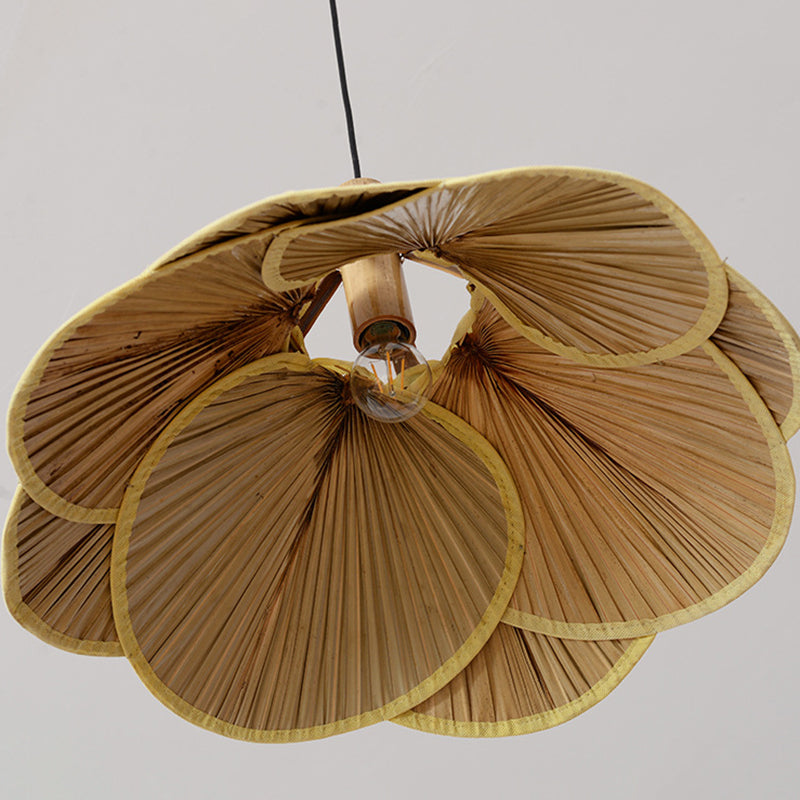 Cattail Fan Bamboo Pendant Light Chinese Style 1-Light Wood Suspension Lighting for Foyer