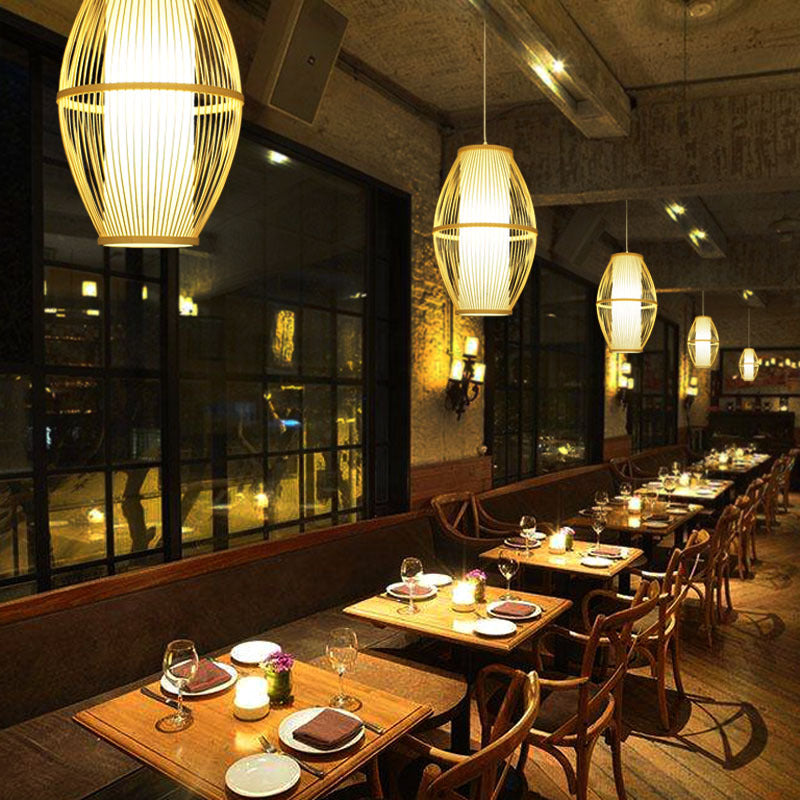 Simplicity Oval Pendant Ceiling Light Bamboo 1 Bulb Restaurant Hanging Light in Wood