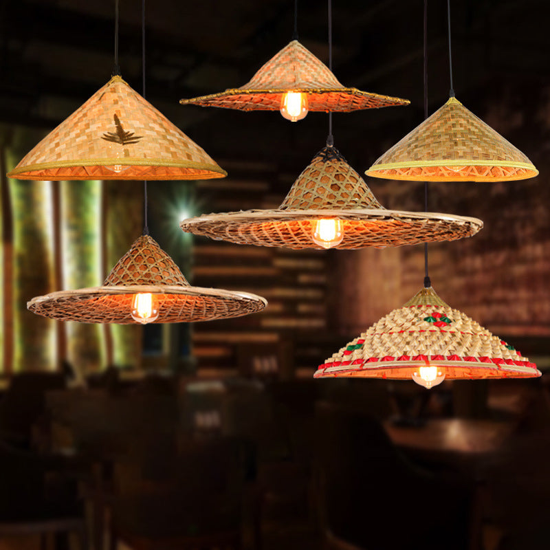 Asian Inspired Farmers Hat Pendant Bamboo Woven 1 Head Diner Ceiling Lamp in Wood