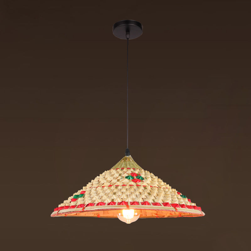 Asian Inspired Farmers Hat Pendant Bamboo Woven 1 Head Diner Ceiling Lamp in Wood