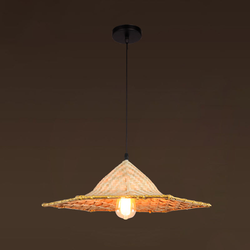 Asian Inspired Farmers Hat Pendant Bamboo Woven 1 Head Diner Ceiling Lamp in Wood