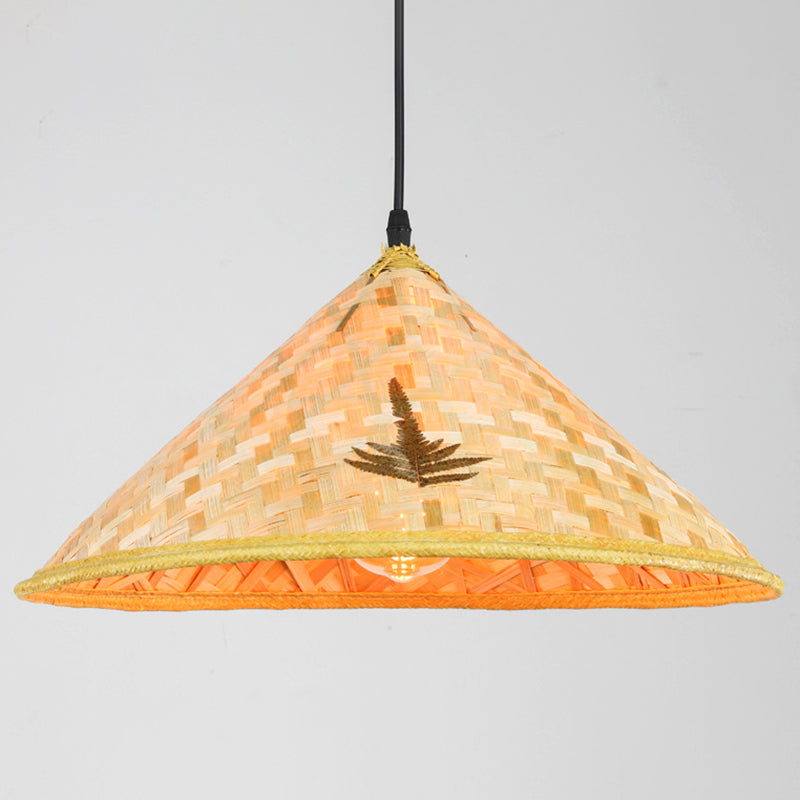 Asian Inspired Farmers Hat Pendant Bamboo Woven 1 Head Diner Ceiling Lamp in Wood