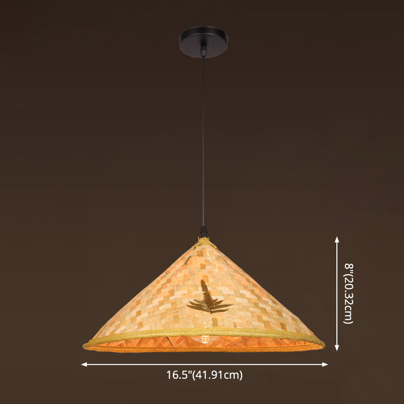 Asian Inspired Farmers Hat Pendant Bamboo Woven 1 Head Diner Ceiling Lamp in Wood