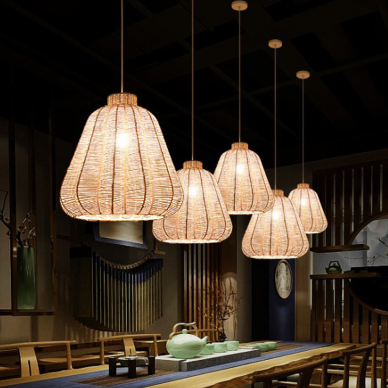 Carambola Suspension Pendant Light Creative Asian Bamboo 1 Bulb Wood Ceiling Light