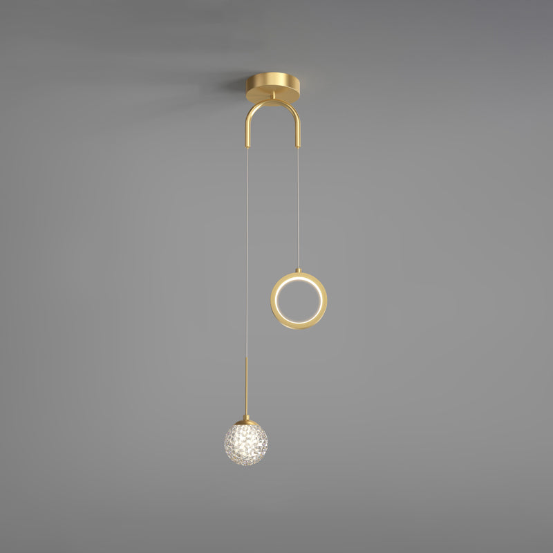 Glass Ball and Ring LED Pendant Minimalist 2-Light Gold Starry Suspension Light for Bedroom