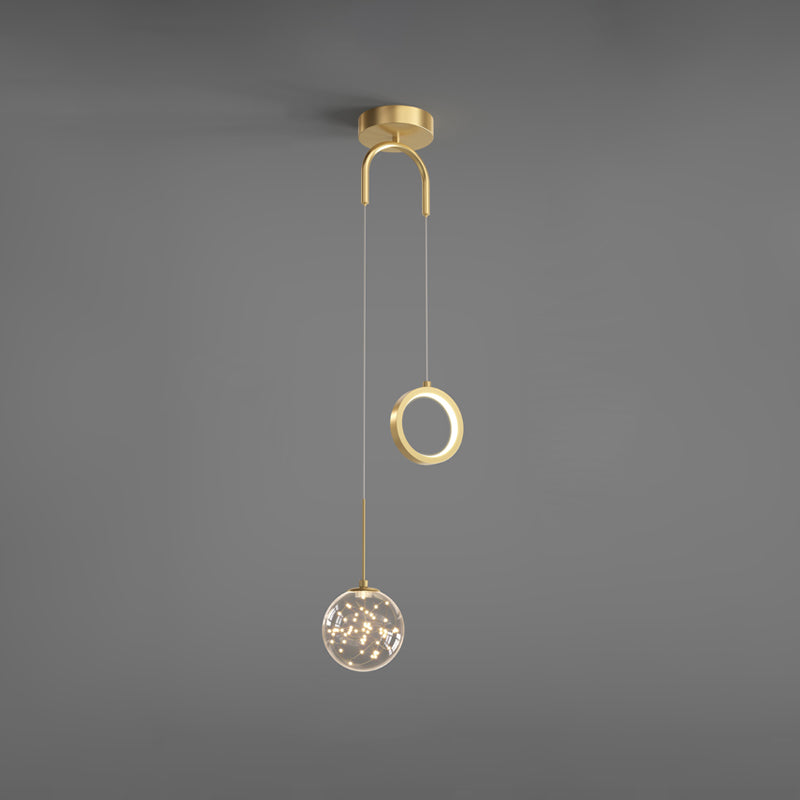 Glass Ball and Ring LED Pendant Minimalist 2-Light Gold Starry Suspension Light for Bedroom