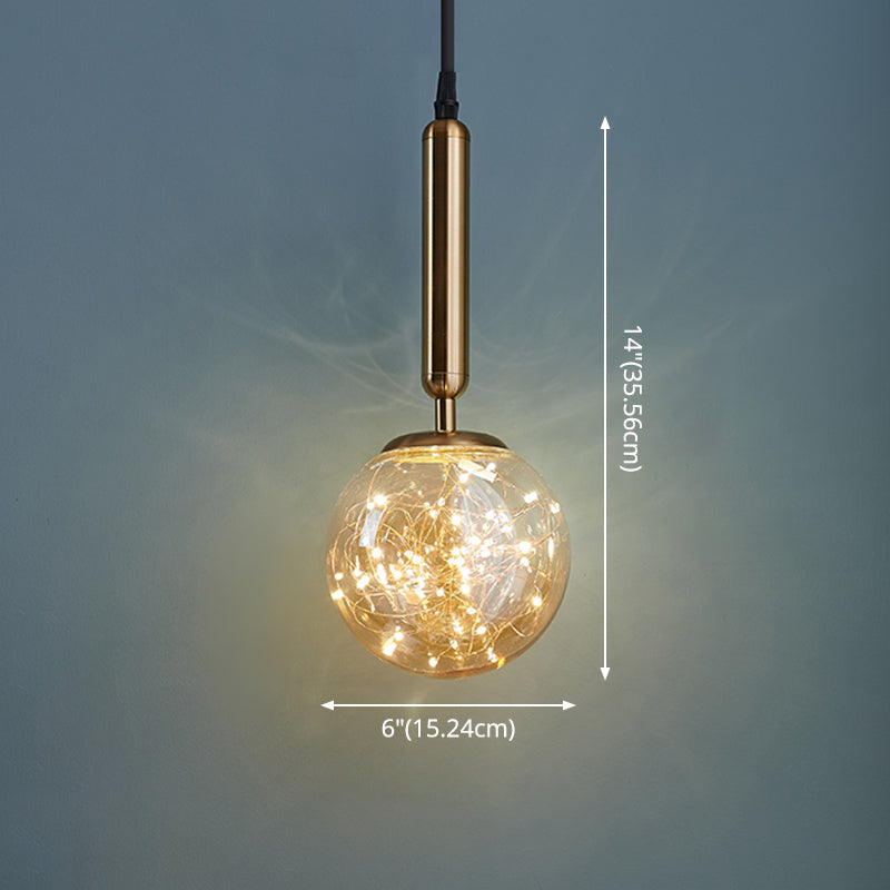 Amber Glass Ball Pendulum Light Nordic 1 Head LED Hanging Pendant with Starry String
