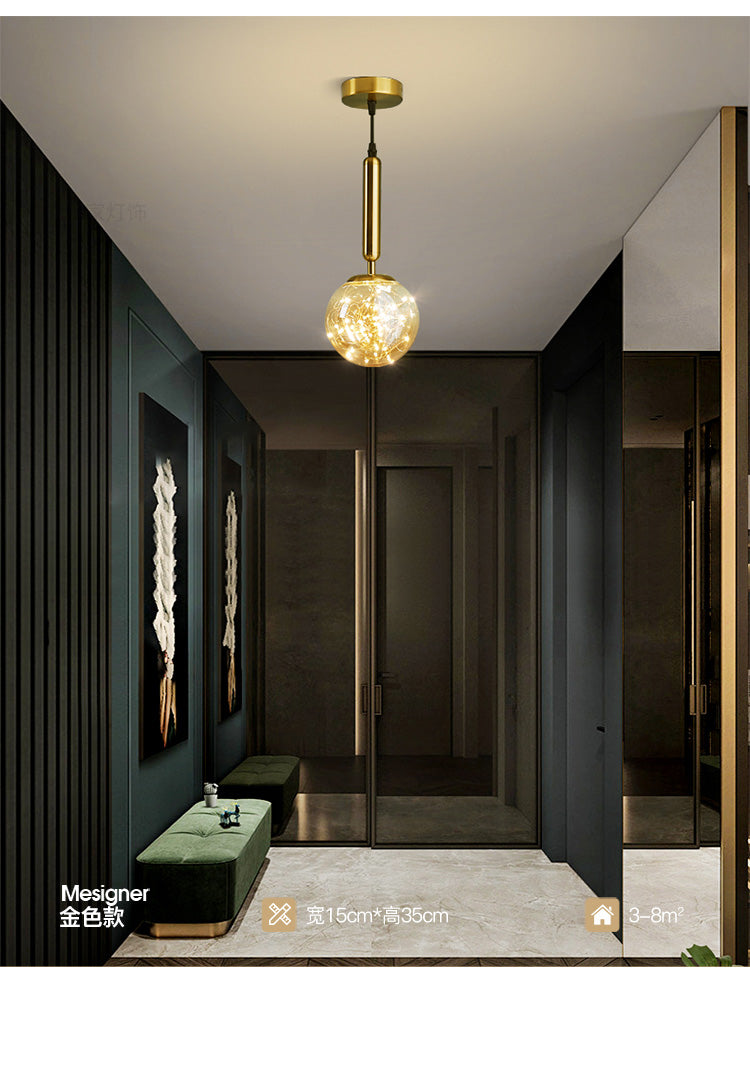 Amber Glass Ball Pendulum Light Nordic 1 Head LED Hanging Pendant with Starry String