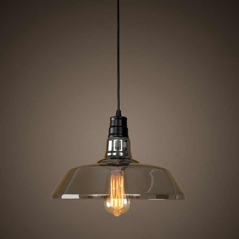 1 Bulb Smoke Grey Glass Pendant Light Industrial Black Barn Shaped Diner Suspension Lighting