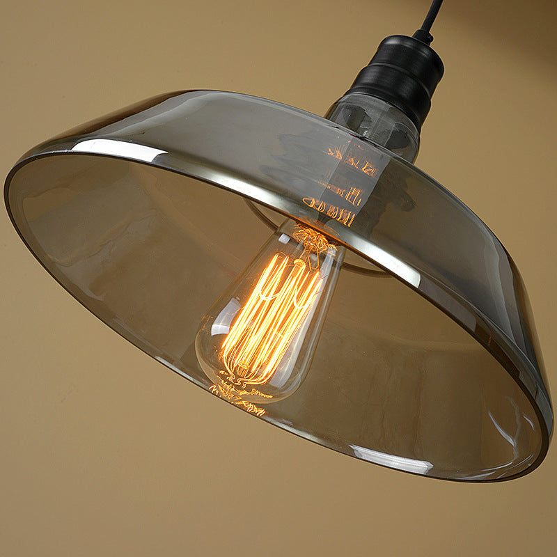 1 Bulb Smoke Grey Glass Pendant Light Industrial Black Barn Shaped Diner Suspension Lighting